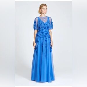 Theia Fabiana Cobalt Blue Floral Appliqué Maxi Gown